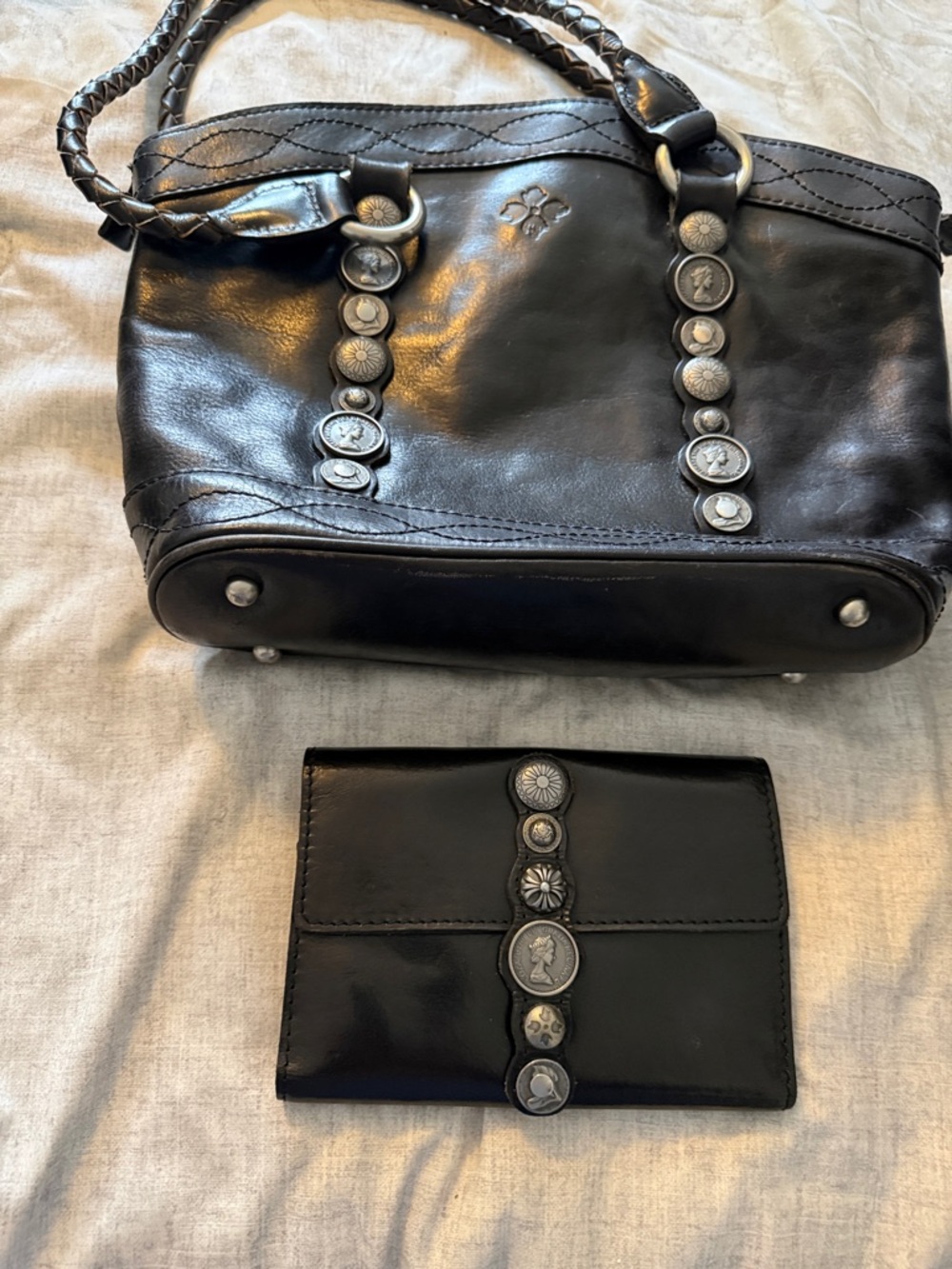Patricia Nash Black Leather Stud-Embellished Shoulder Tote with Wallet